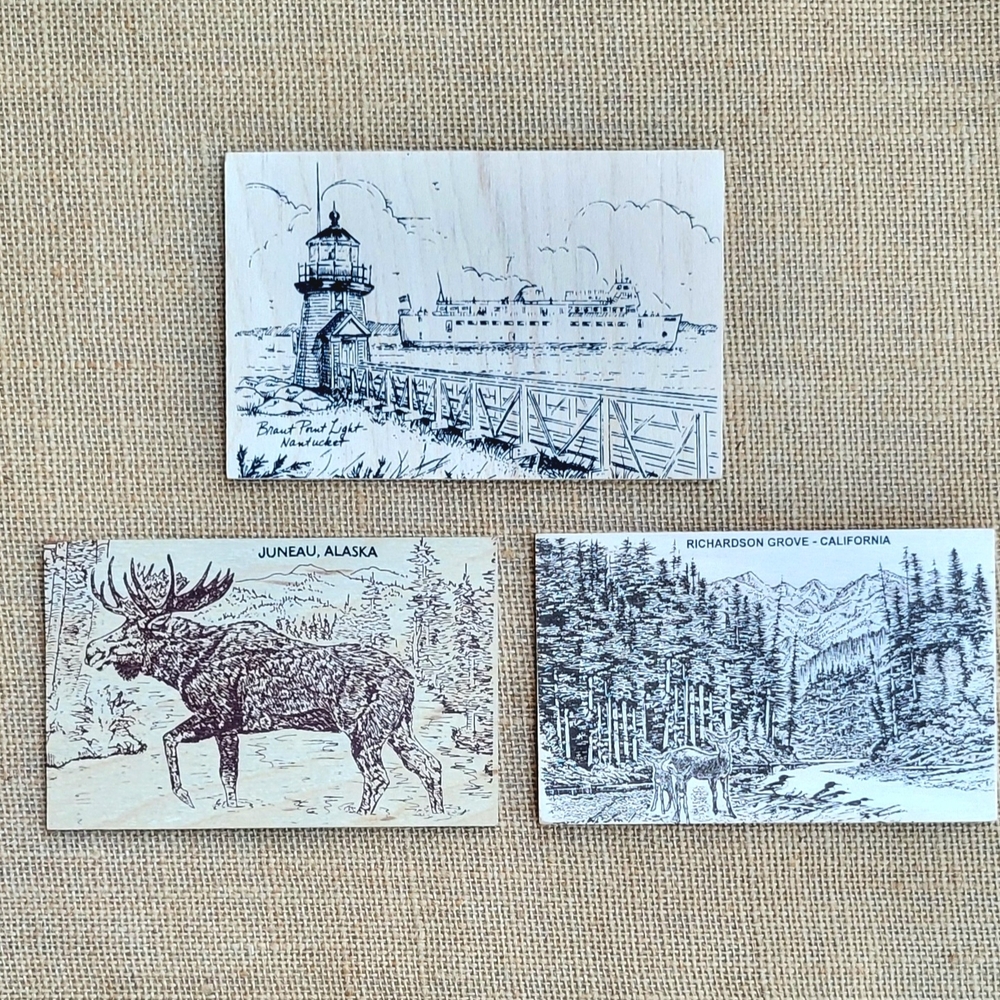 Lot Of 3 Wood Postcards/Greeting Cards From California, Alaska & Cape Cod